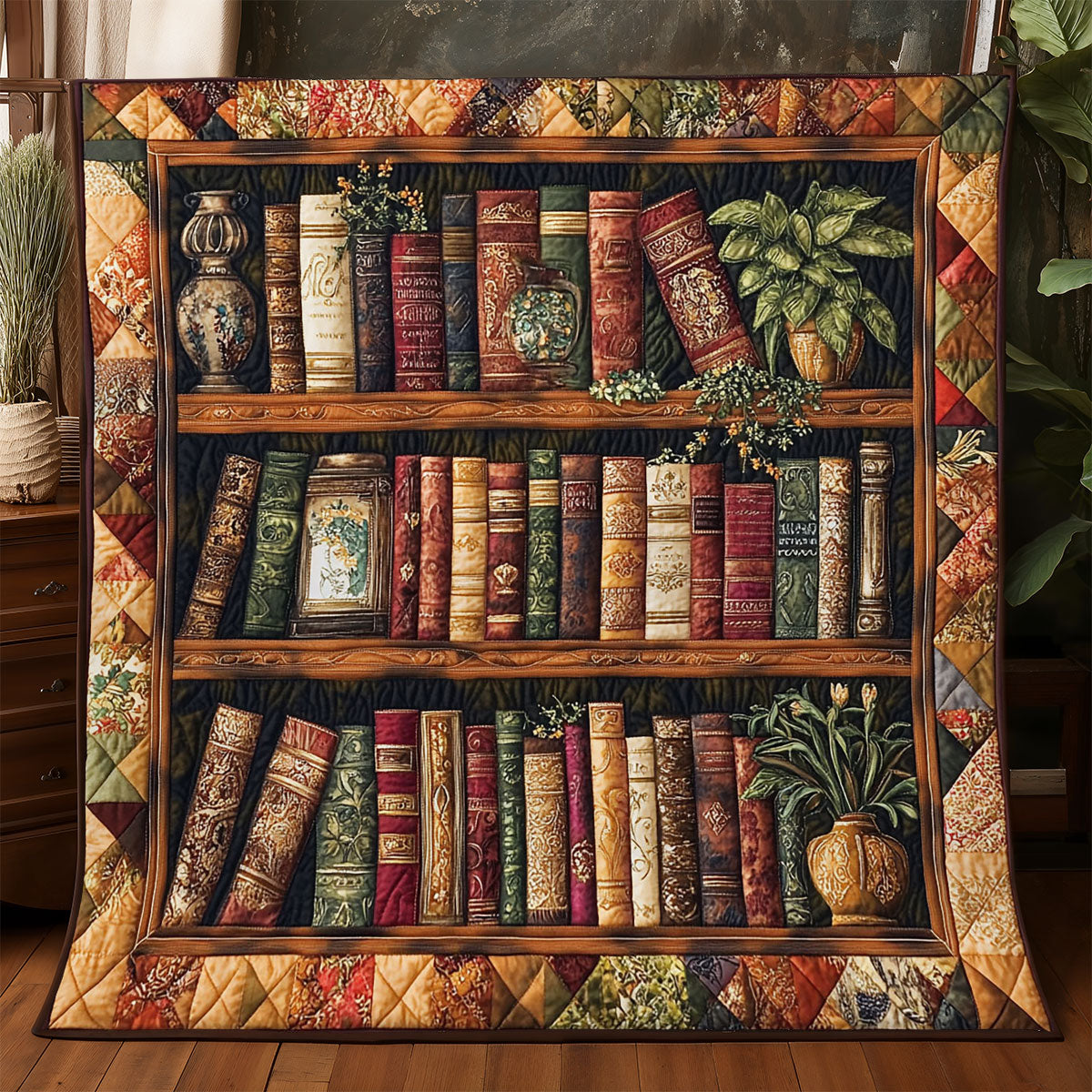 Antique Bookshelf Quilt Blanket Christmas Book Themed Birthday Presents