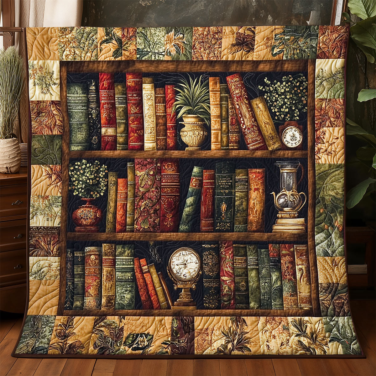 Antique Bookshelf Quilt Blanket Christmas Book Themed Birthday Presents For Mom