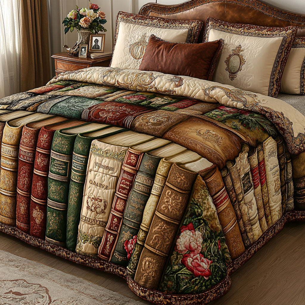 Antique Bookshelf Quilted Bedding Set Best Bed Sheet Set Gift For Book Lover