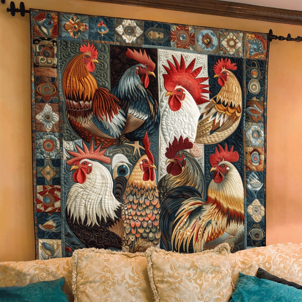 Antique Rooster Flock Quilted Blanket Farmhouse Chicken Art Throw Best Gift For Chicken Owner Decor