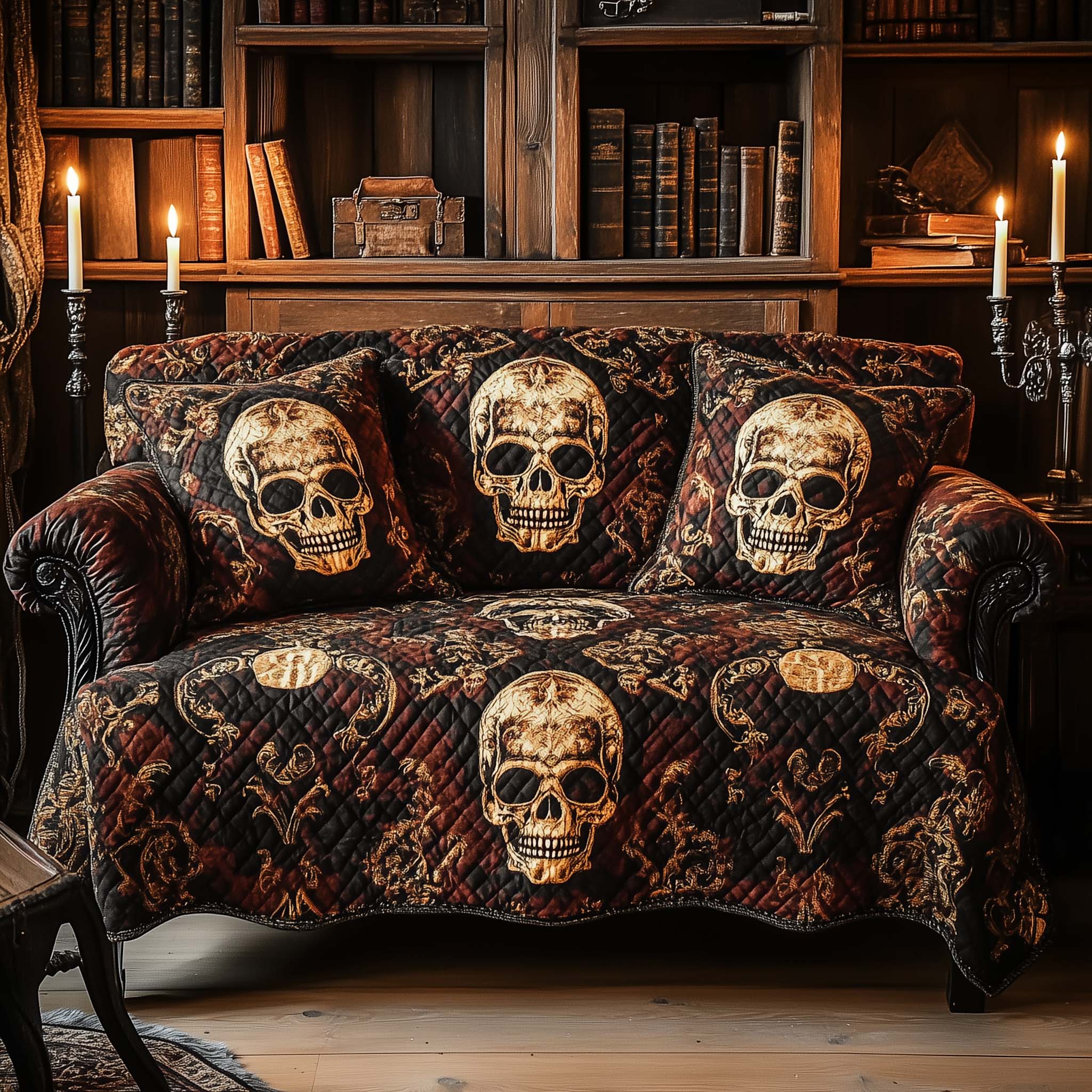 Antique Tapestry Skull Quilted Sofa Cover Gothic Motif Skull Graphic Cover Themed Gifts