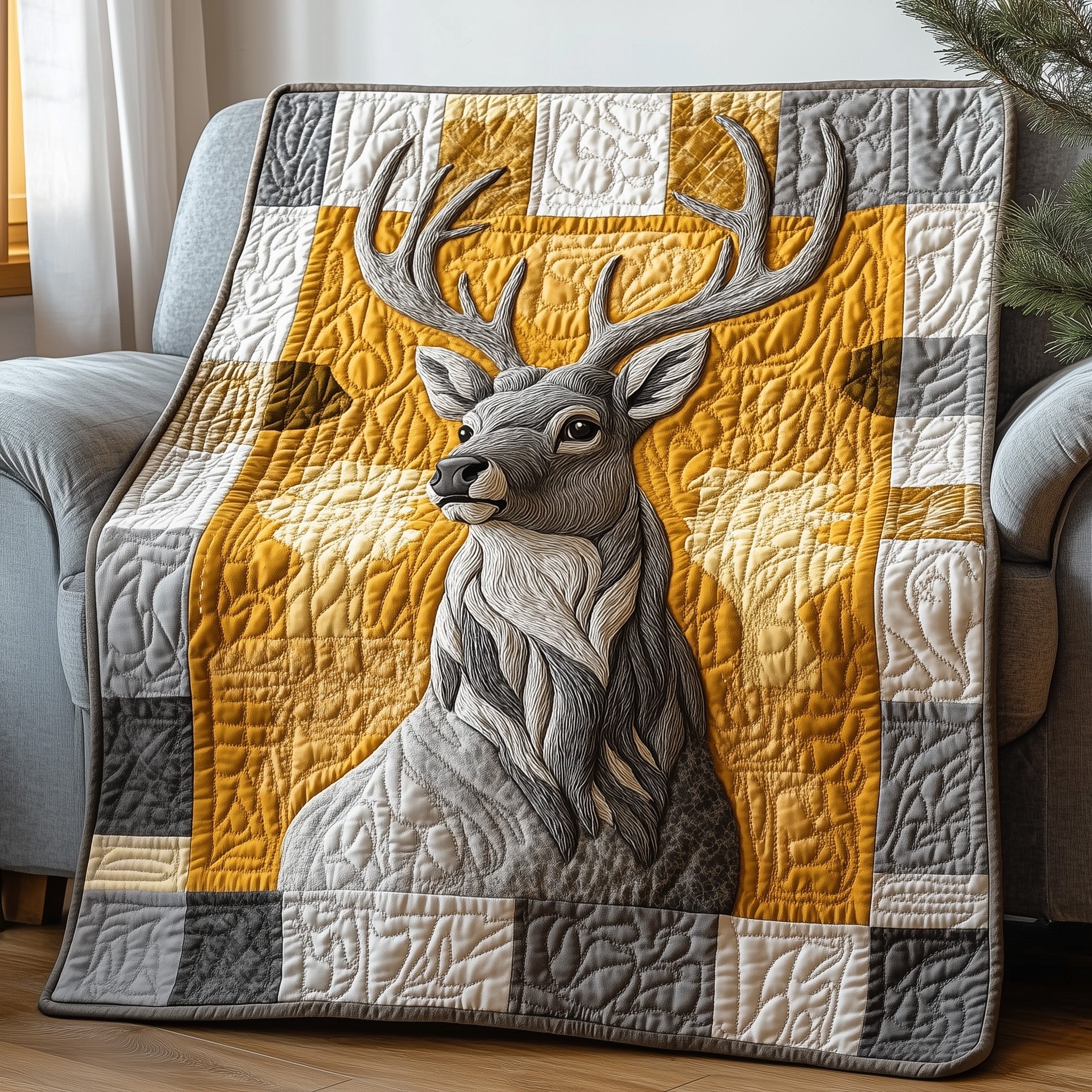 Antler Majesty Deer Head Retro Quilted Blanket Hunting Theme Cabin Fleece Blanket Gift For Dad