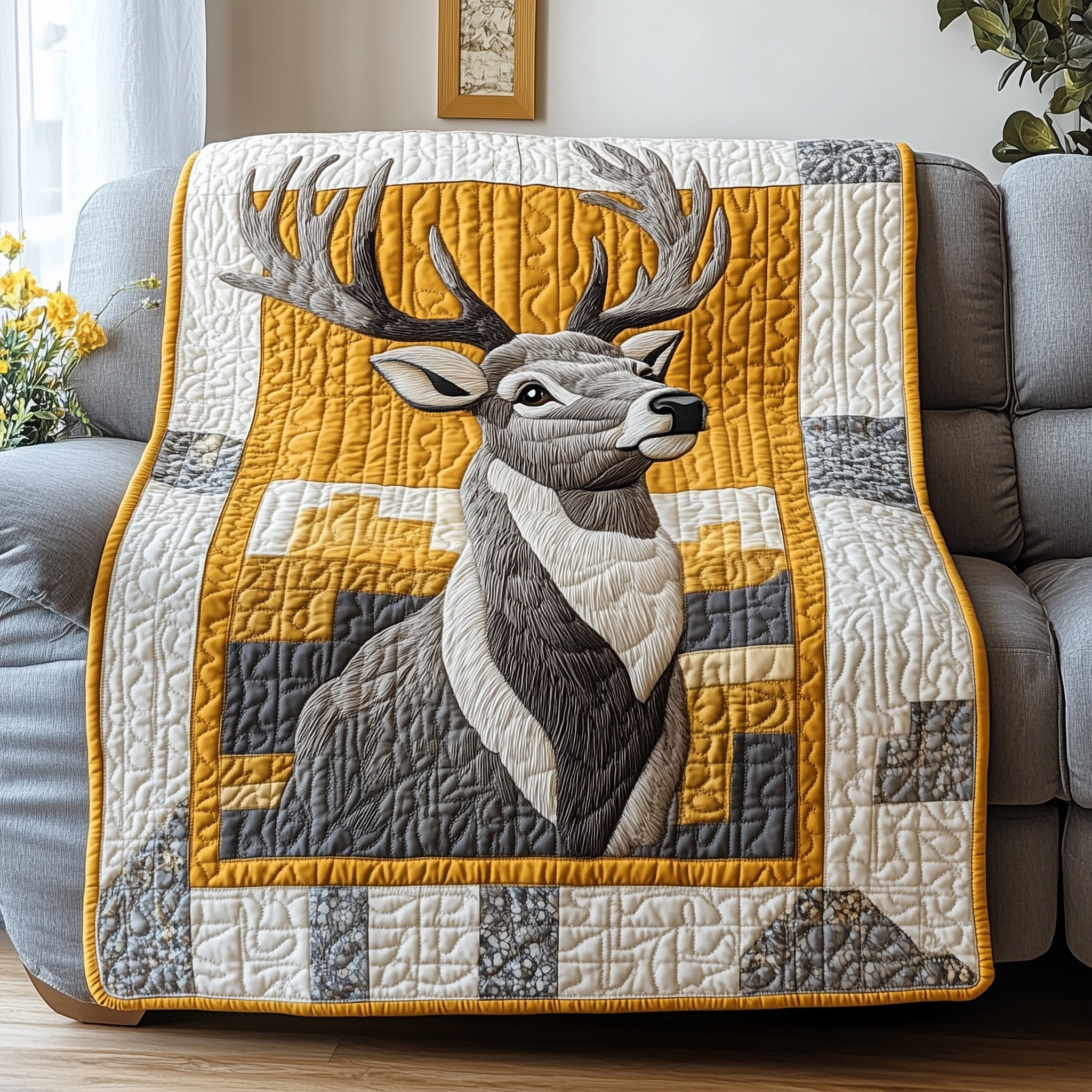 Antler Majesty Deer Head Vintage Quilted Blanket Deer Motif Retro Fleece Blanket Gift For Dad