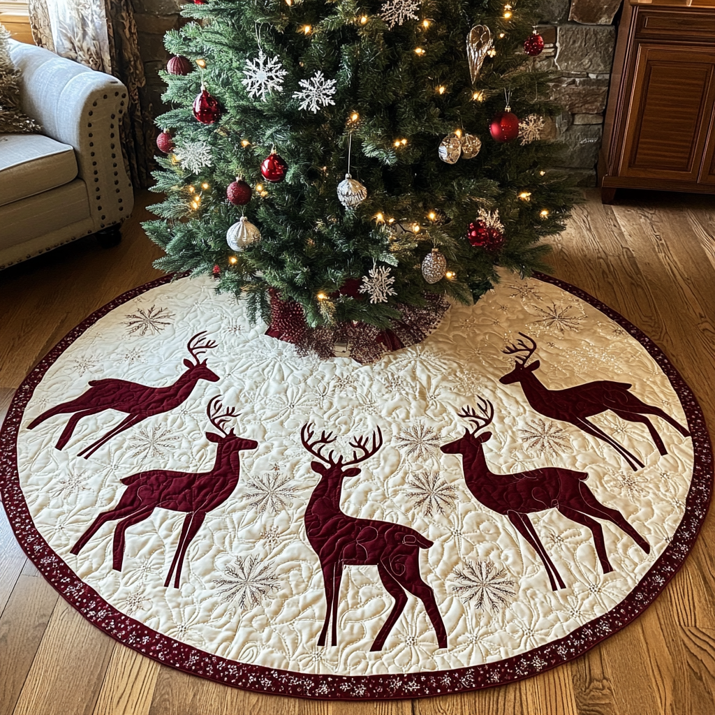 Antlered Elegance Christmas Quilted Tree Skirt Holiday Living Room Decor Winter Holiday Decor