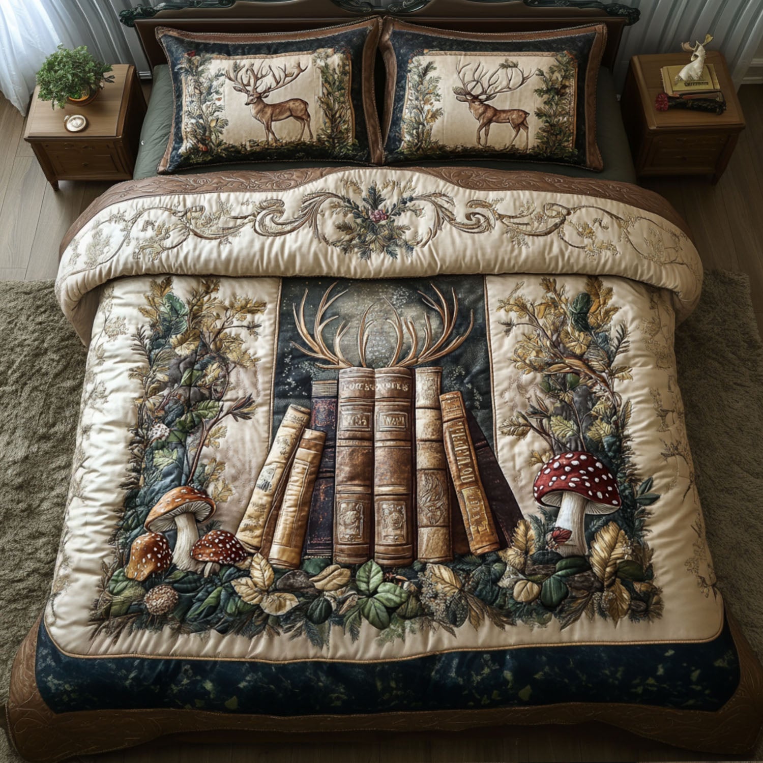 Antlered Library Elegance Quilted Bedding Set Christmas Bedroom Decor Ideas Birthday Presents For Book Lovers