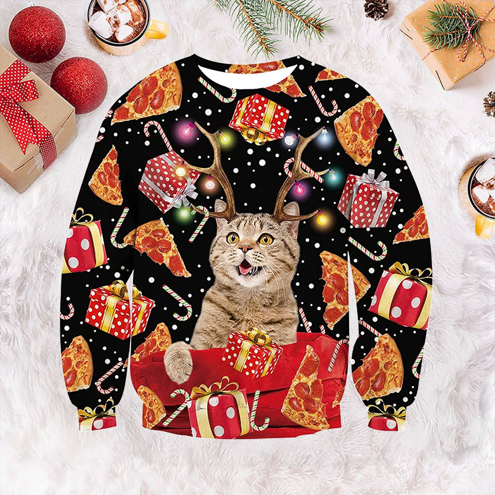 Antlers Cat Pizza Ugly Christmas Sweater Funny Holiday Sweater Gifts For Cat Lovers