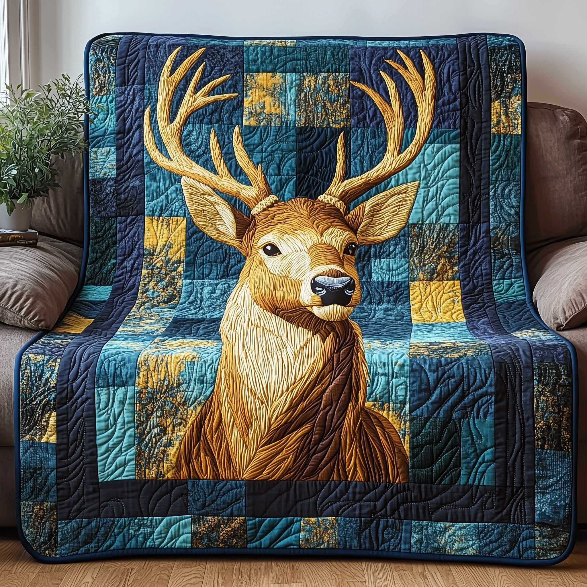 Antlers Of Gold Wildlife Forest Quilted Blanket Fantasy Cabin Fleece Blanket Gift For Dad