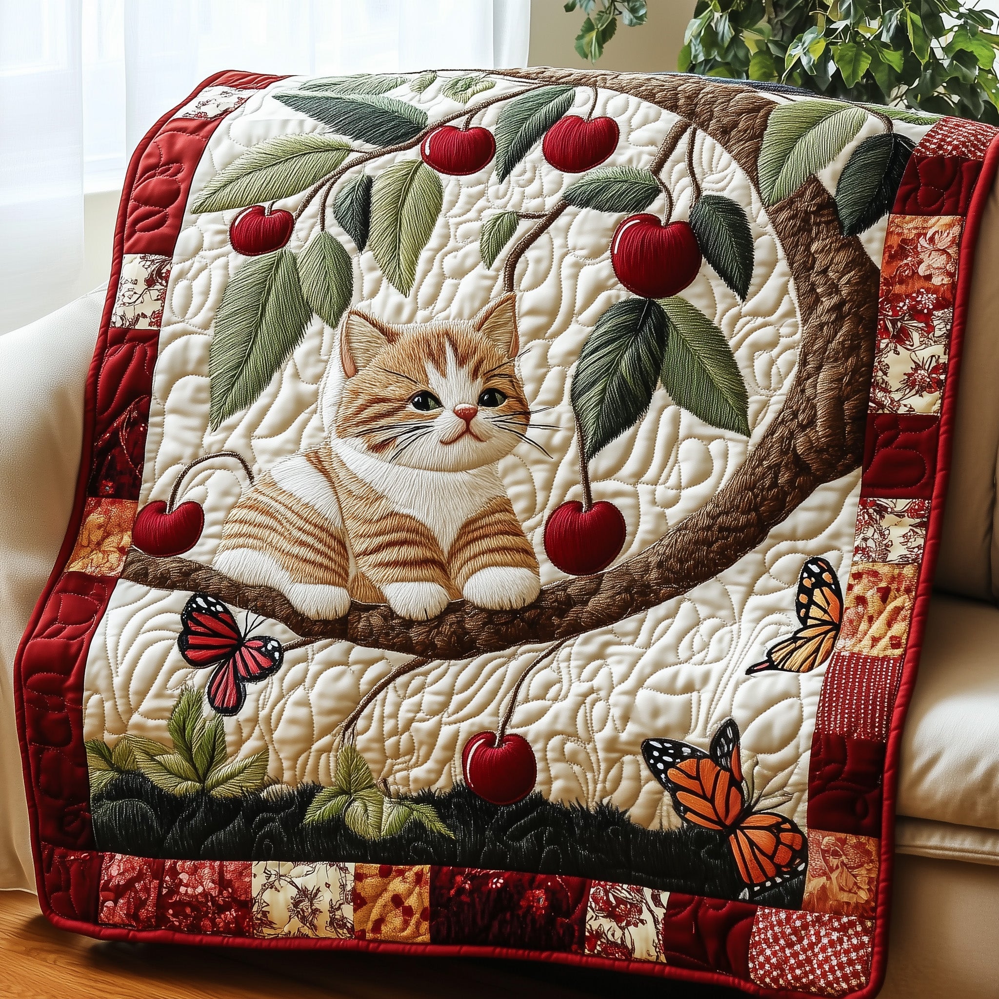 Apple Tree Climber Nature Motif Quilted Blanket Garden Lover Nature Holiday Gifts For Cat Lovers