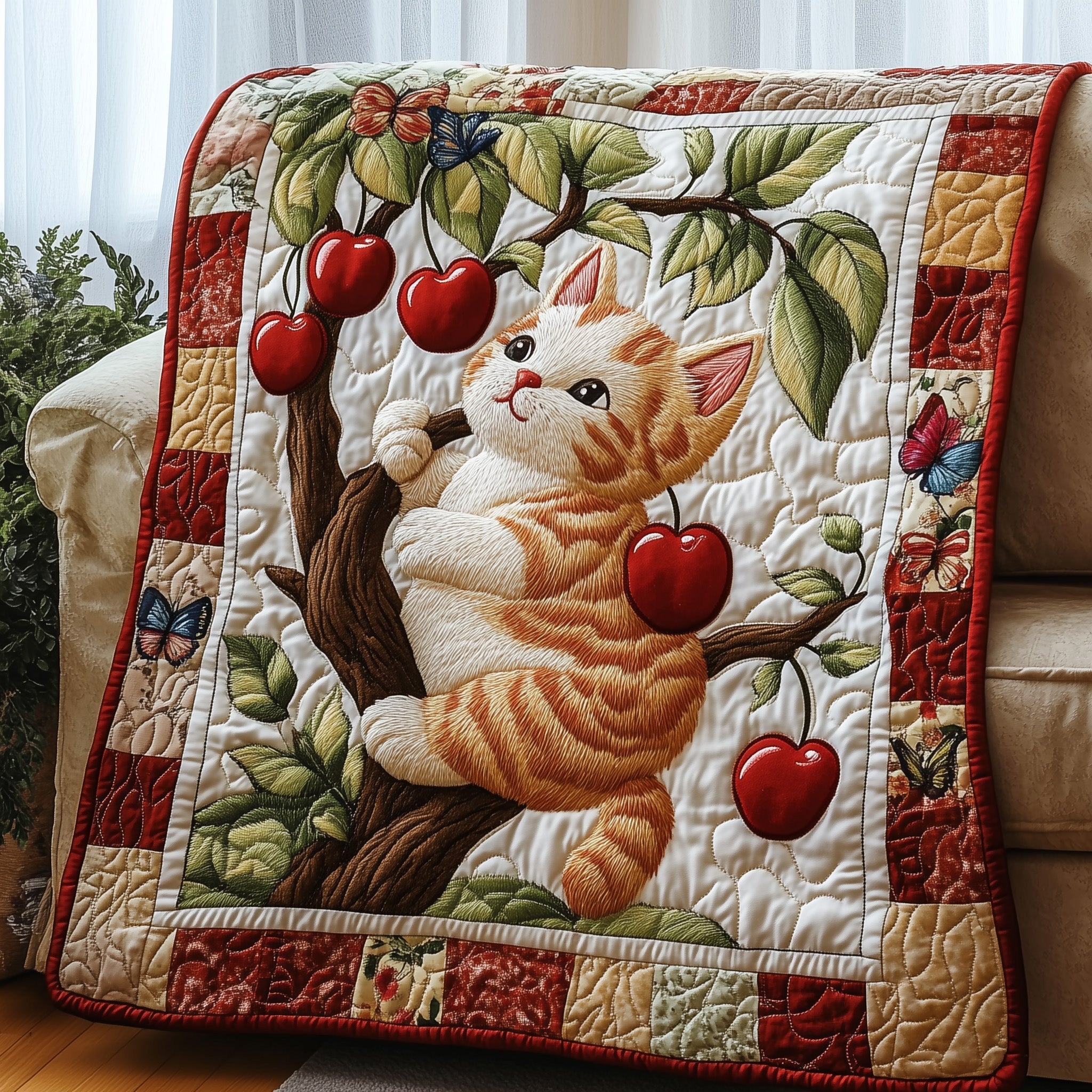 Apple Tree Climber Quilted Blanket Cute Bed BlanketBirthday Presents For Cat Lovers