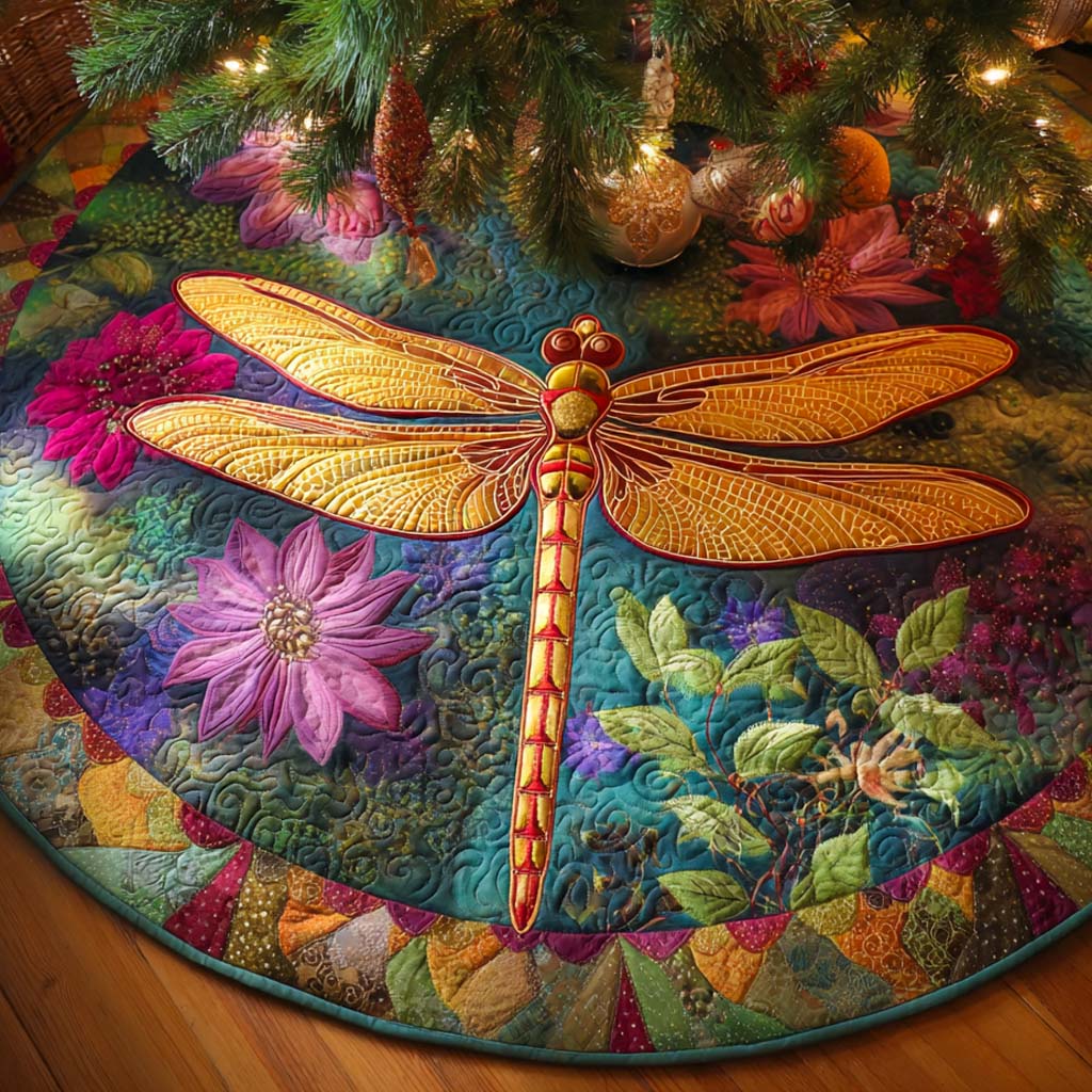 Aqua Bloom Flight Quilted Tree Skirt Cover For Xmas Tree Base Dragonfly Christmas Gifts