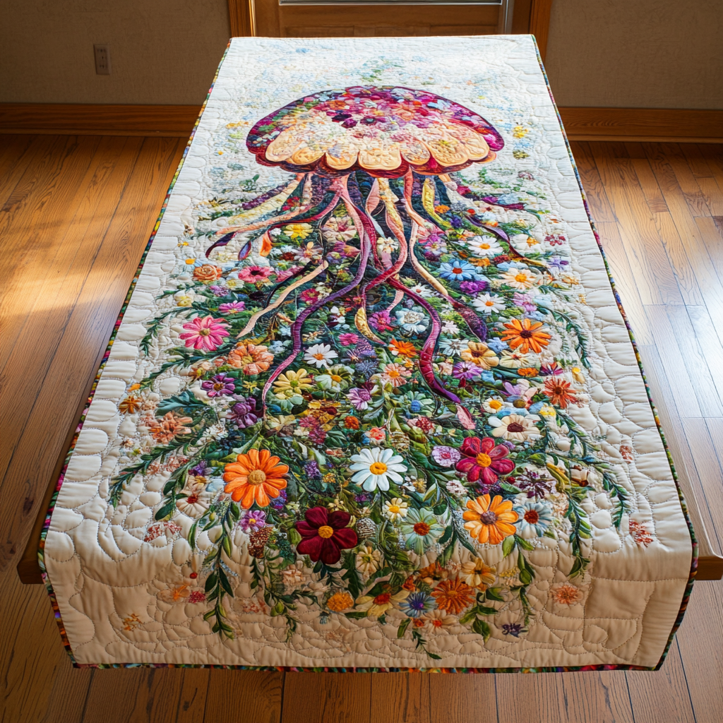 Aqua Dance Quilted Table Runner Ocean Table Runner Unique Jellyfish Gifts