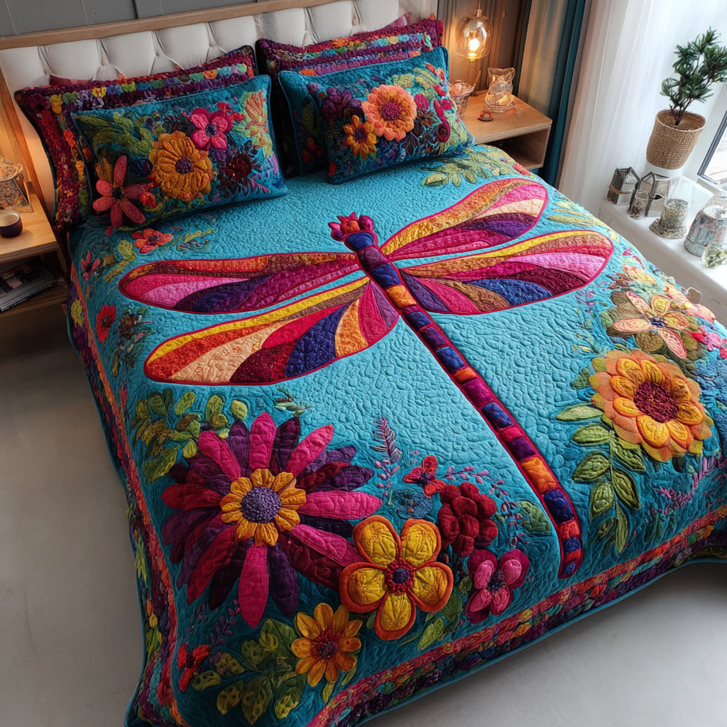 Aqua Dragonfly Quilted Bedding Set Stylish Bed Sheet Set for Modern Home