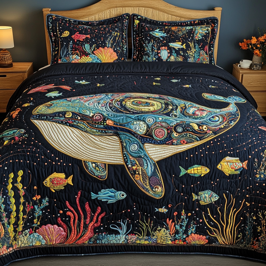 Aqua Drift Quilted Bedding Set Aesthetic Room Decor Whale Themed Presents