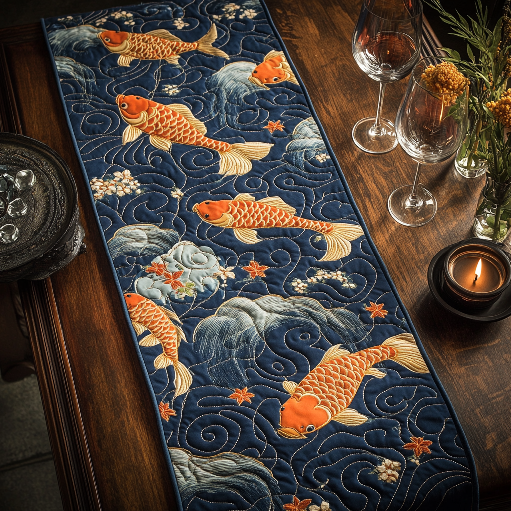 Aqua Flow Quilted Table Runner Dinner Table Decor Ideas Koi Fish Merchandise