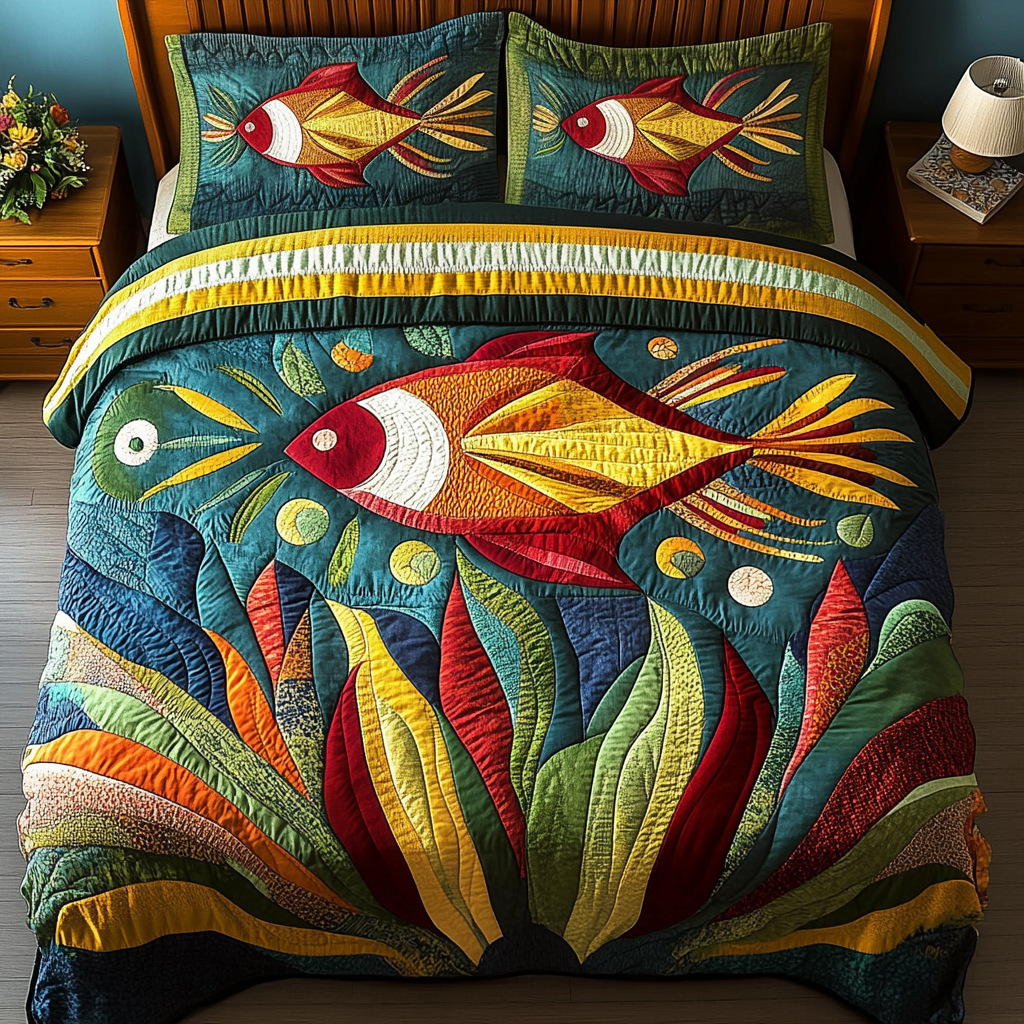 Aqua Glow Quilted Bedding Set Bedroom Decor Ideas Present For Fish Lovers