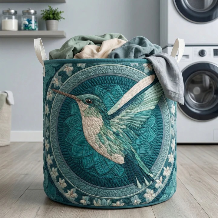 Aqua Hummingbird Mandala Quilted Laundry Basket Boho Home Organizer Best Gift For Hummingbird Lovers