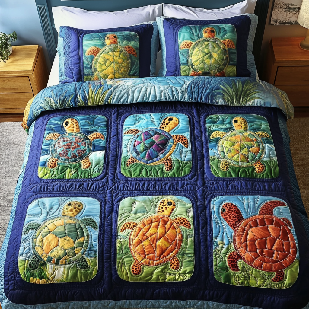 Aqua Journey Quilted Bedding Set Cozy Bedroom Decor Sea Turtle Themed Gifts