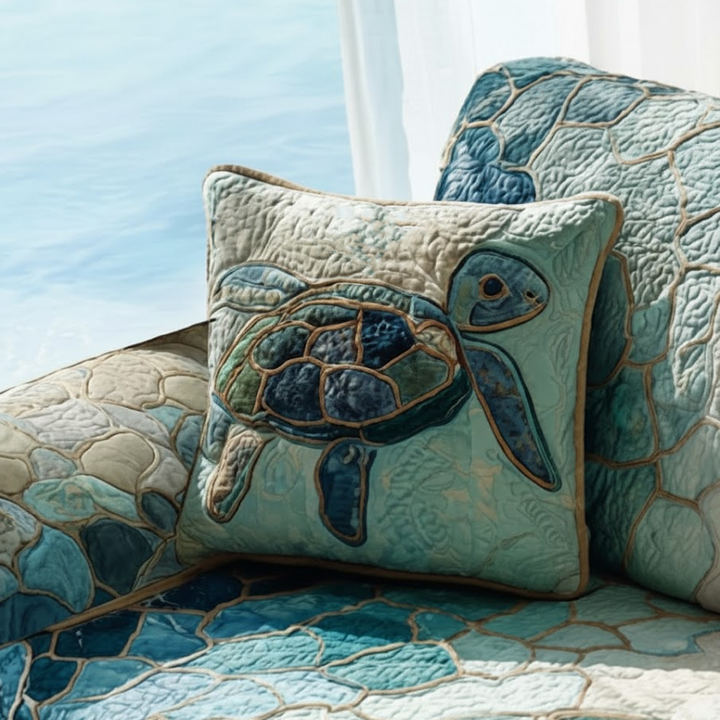 Aqua Mosaic Turtles Quilted Pillow Case Decorative Throw Pillow Covers Cute Turtle Lover Gift Ideas