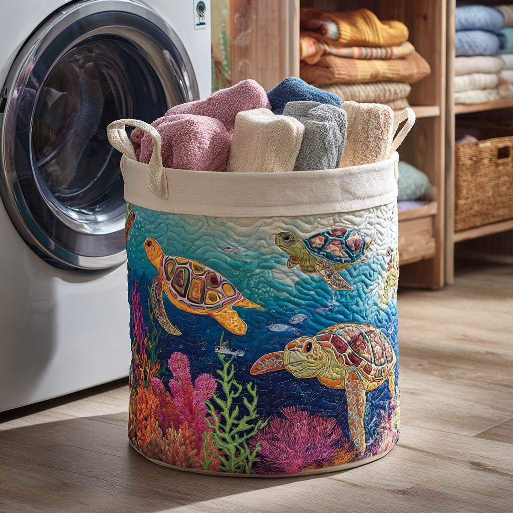 Aqua Turtle Haven Quilted Laundry Basket Thoughtful Housewarming Gift
