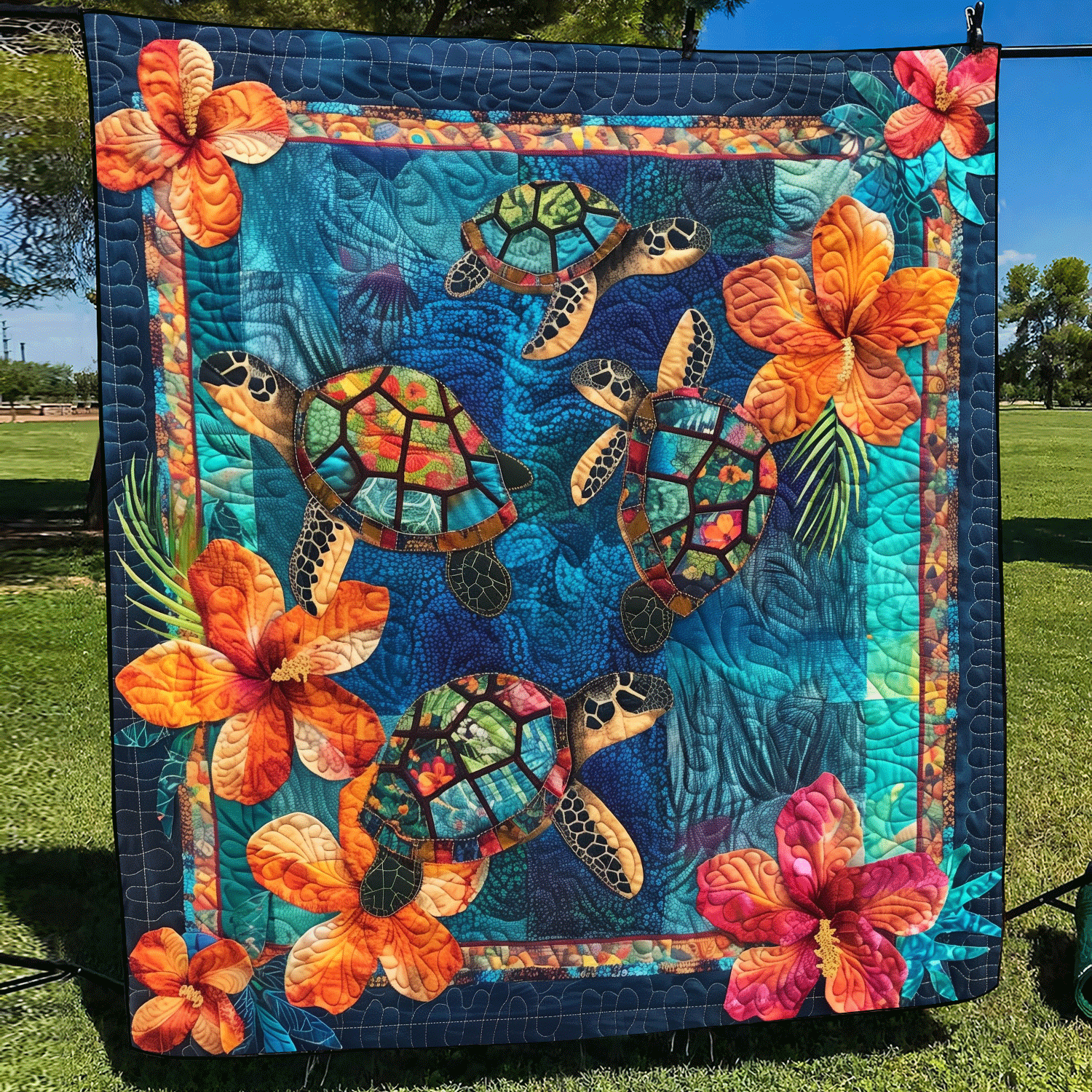Aqua Turtle Quilted Blanket Unique Gifts For Turtle Lovers