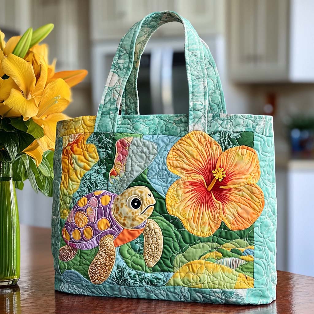 Aqua Turtle Tales Quilted Tote Bag Birthday Gift Ideas For Beach Lovers