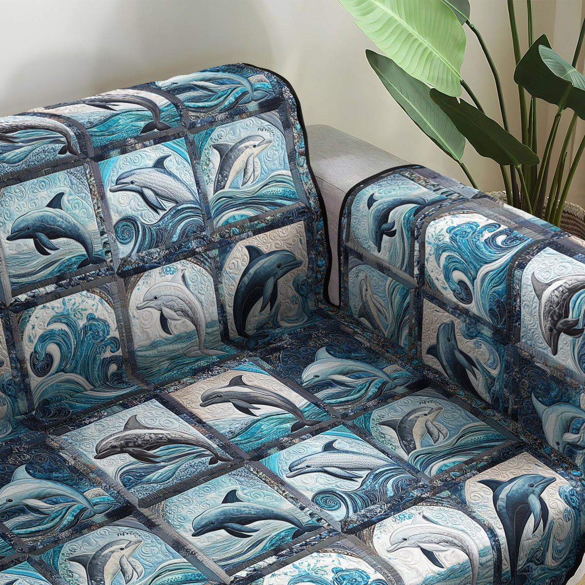 Aquatic Harmony Quilted Sofa Cover Sofa Chaise Cover Best Gifts For Dolphin Owners