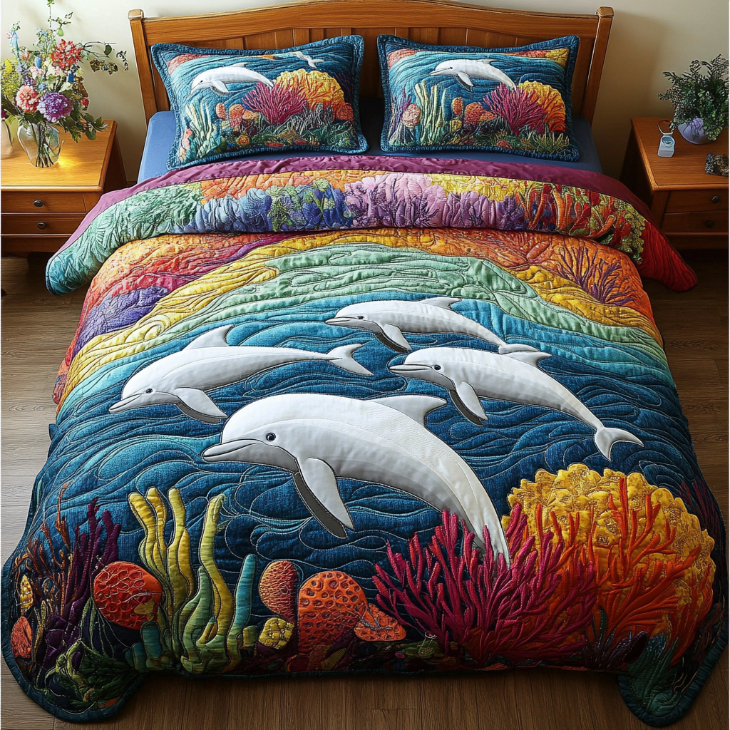 Aquatic Leap Quilted Bedding Set Aesthetic Room Decor Dolphin Christmas Gifts