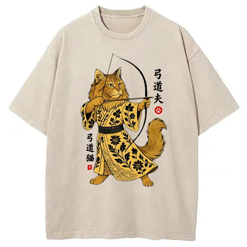 Archery Cat Vintage Washed T-Shirt Classic Graphic Fashion Tee Gifts For Him