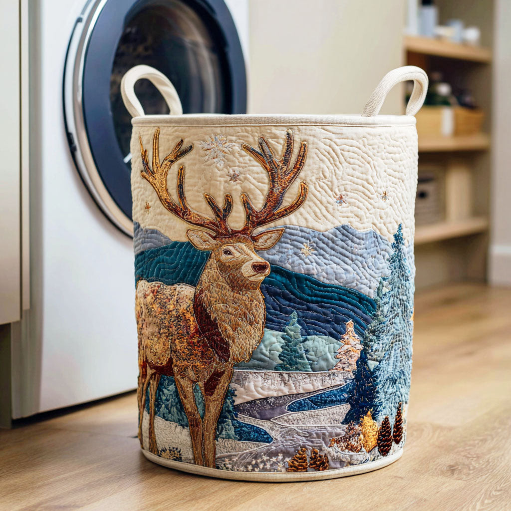 Arctic Deer Twilight Quilted Laundry Basket Practical Home Storage Gift with Quilted Design