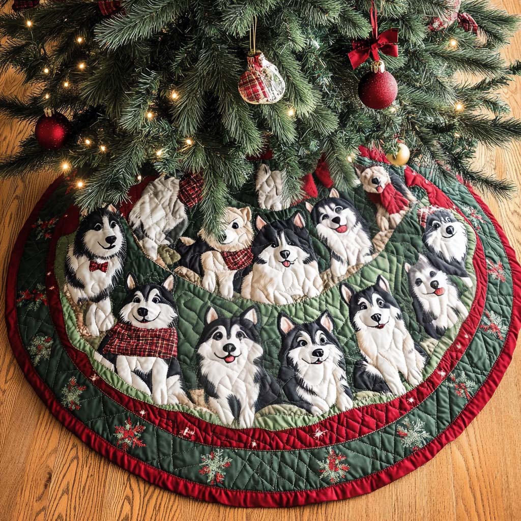 Arctic Husky Christmas Quilted Tree Skirt Christmas Holiday Home Decor