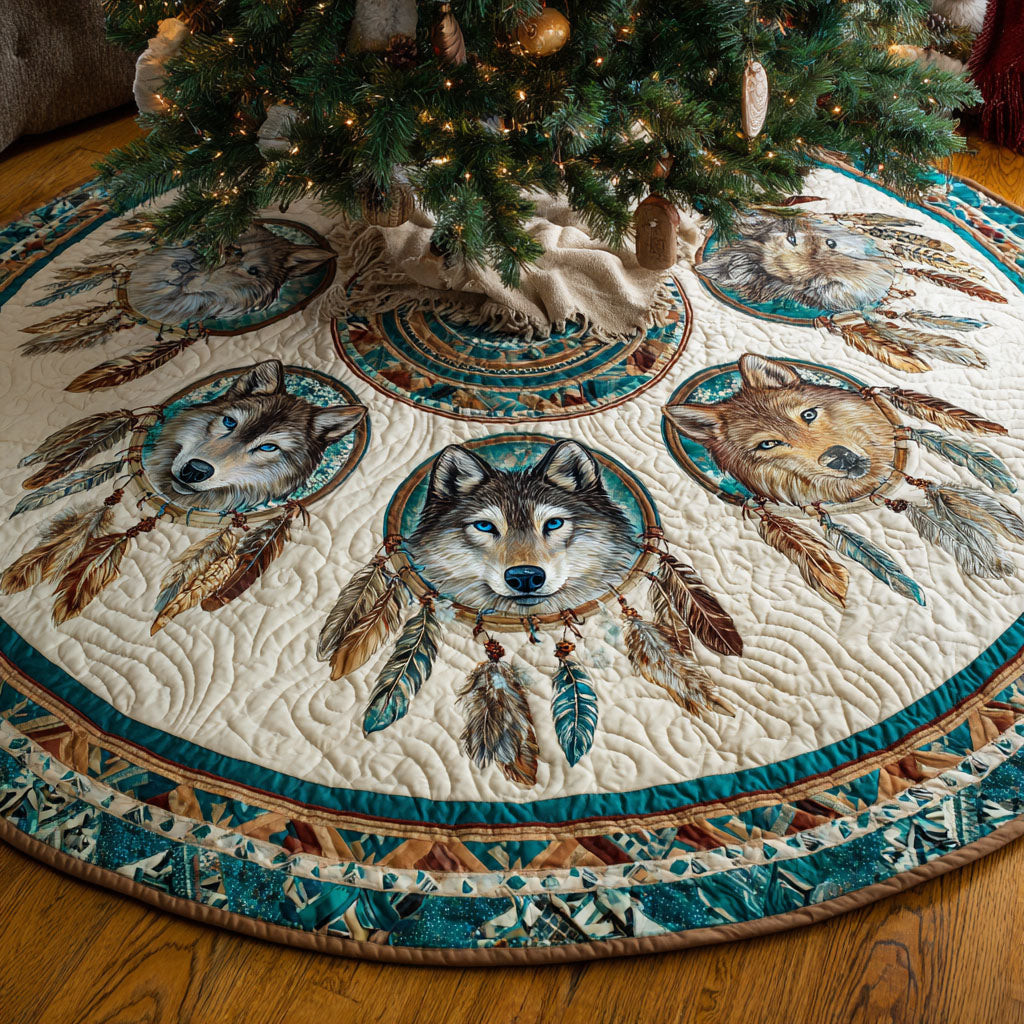 Arctic Wolves Christmas Quilted Tree Skirt Home Decor Christmas Gifts For Wolve Lovers
