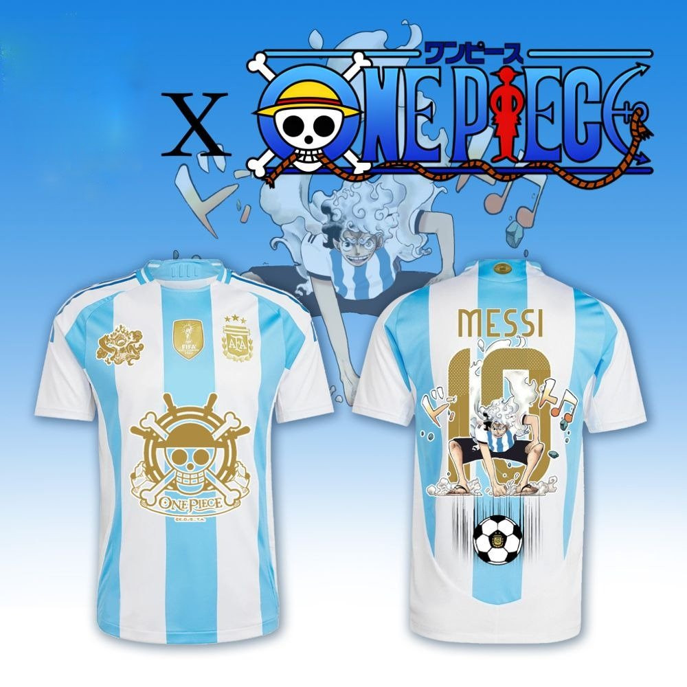 Argentina Home Jersey 2025 Messi Gold x One Piece Crossover T-Shirt Great Gifts For Fans Lovers