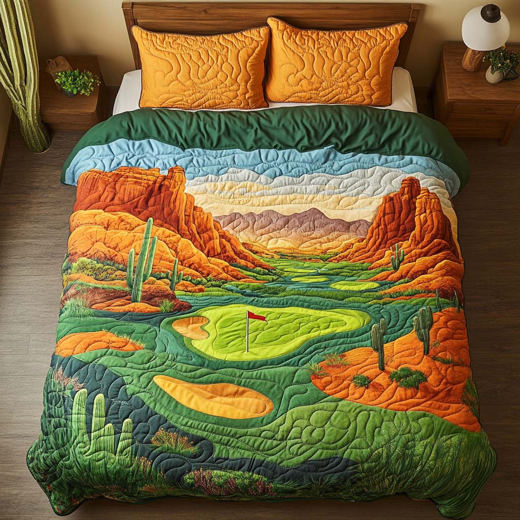 Arizona Golf Desert Drive Quilted Bedding Set Bed Decor Cactus Housewarming Gift