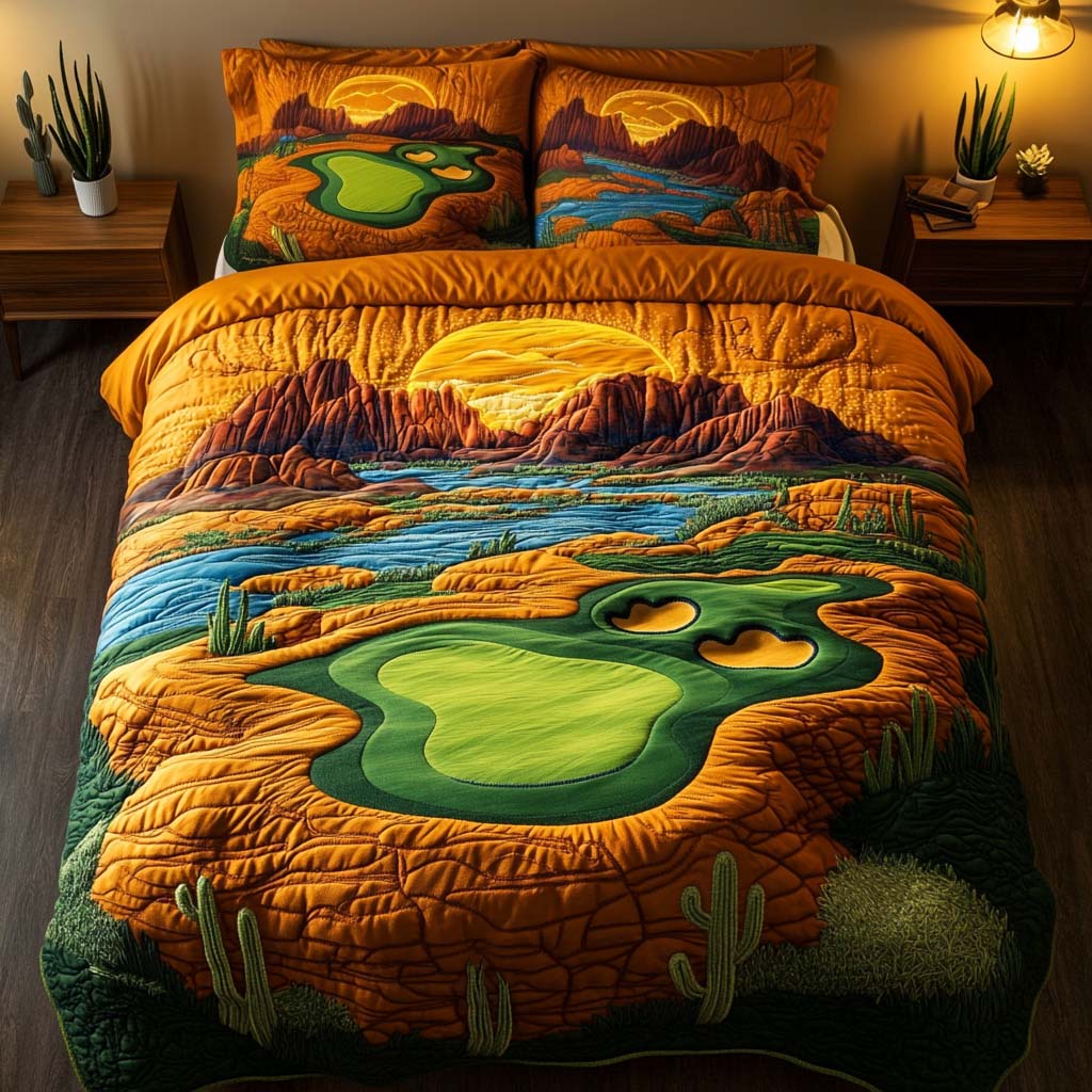 Arizona Golf Sunrise Quilted Bedding Set Aesthetic Room Decor Great CactusLover Gifts