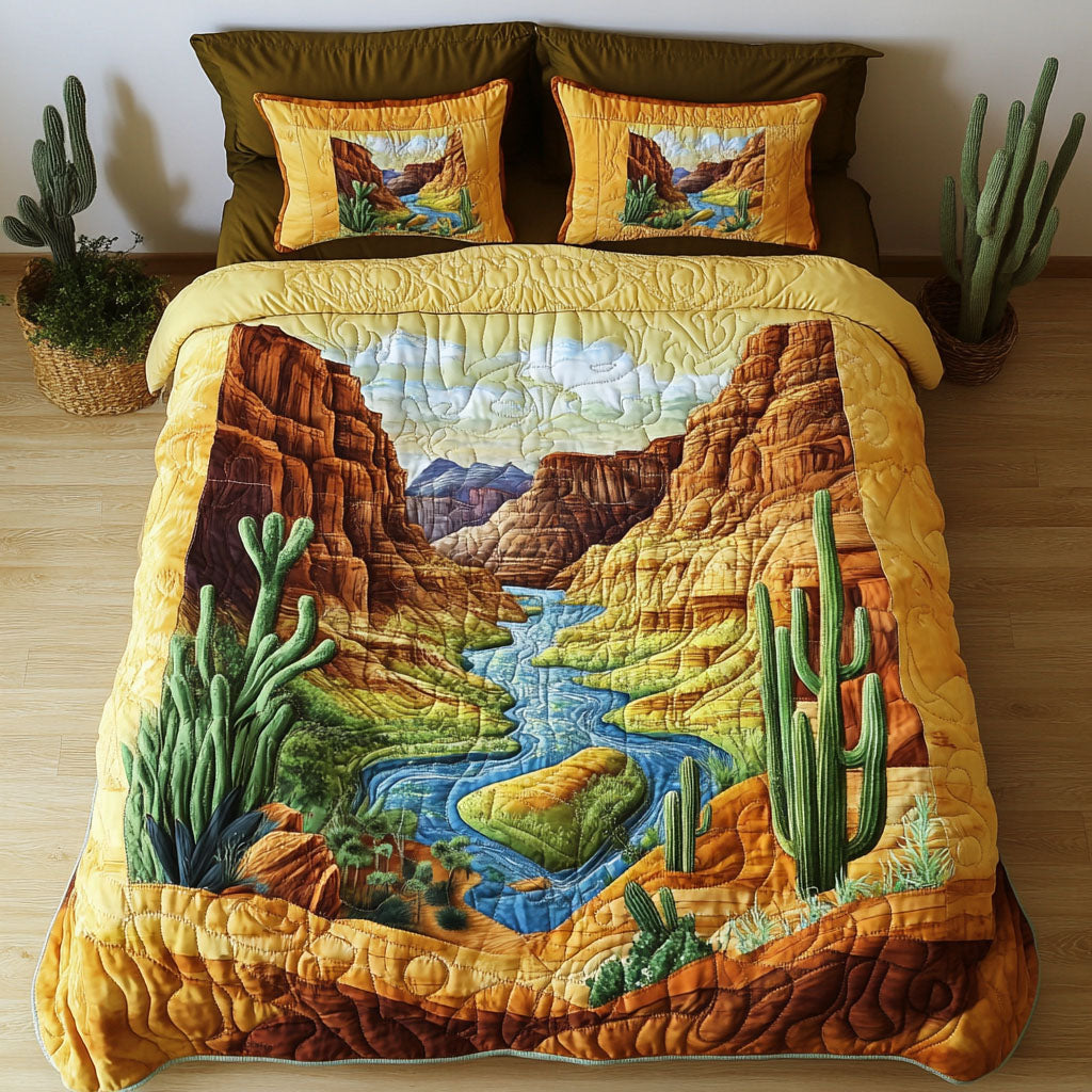 Arizona River Flow Quilted Bedding Set Aesthetic Room Decor Cactus Housewarming Gift