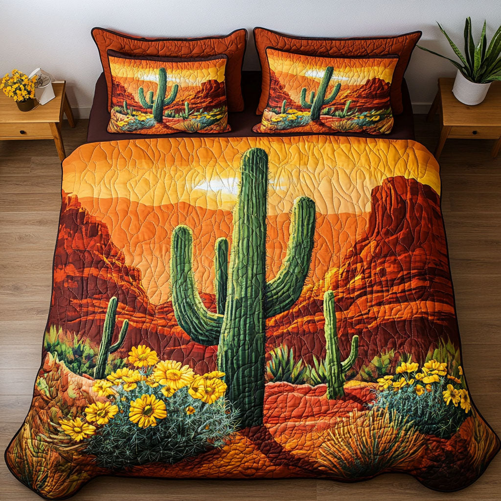 Arizona Sunset Bloom Quilted Bedding Set Cool Bedroom Decor Cute Cactus Gifts