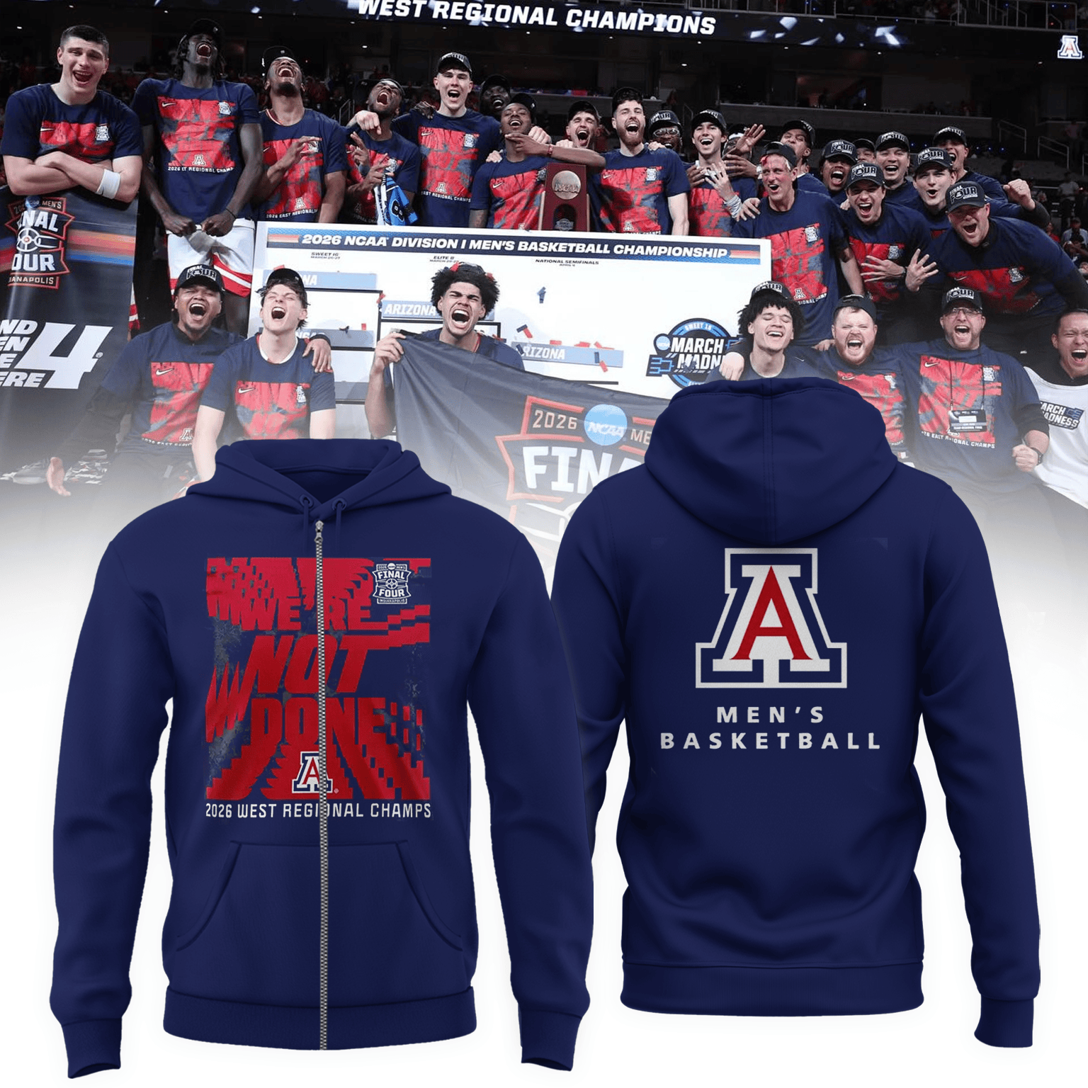 Arizona Wildcats 2026 Men's Basketball Tournament Hoodie 2026 West Regional Champions Merch