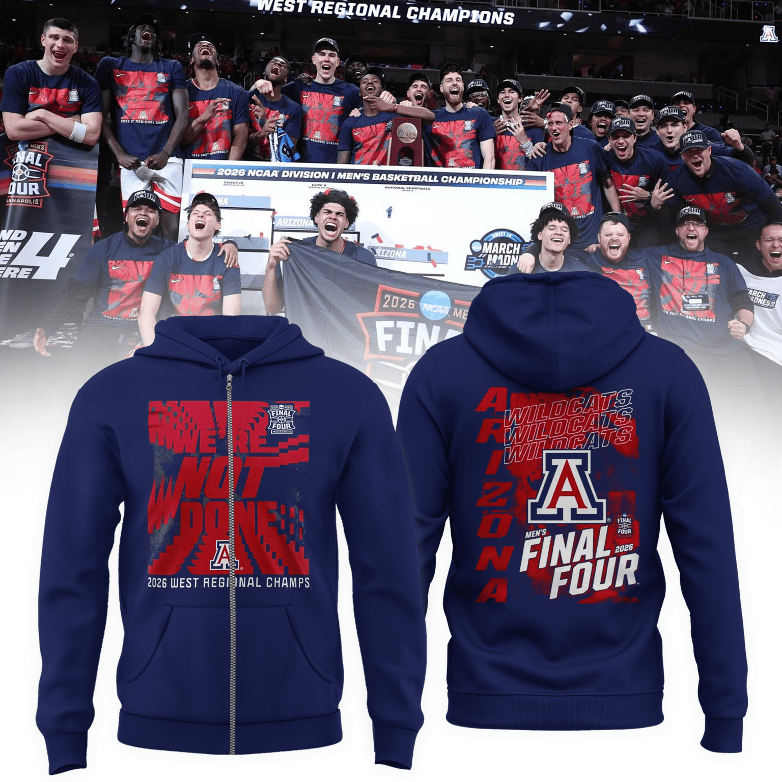Arizona Wildcats 2026 Men's Basketball Zip Hoodie March Madness Final Four Apparel Fan Gear