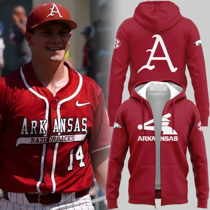 Arkansas Razorback Baseball The Omahogs 2025 Zip Hoodie Red Merch Shop Unique Fan Gifts