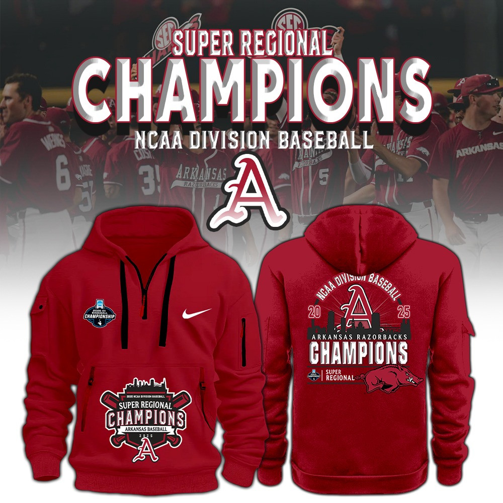Arkansas Razorbacks Baseball 2025 Super Regionals Champions Quarter Zip Hoodie Omahogs Merch