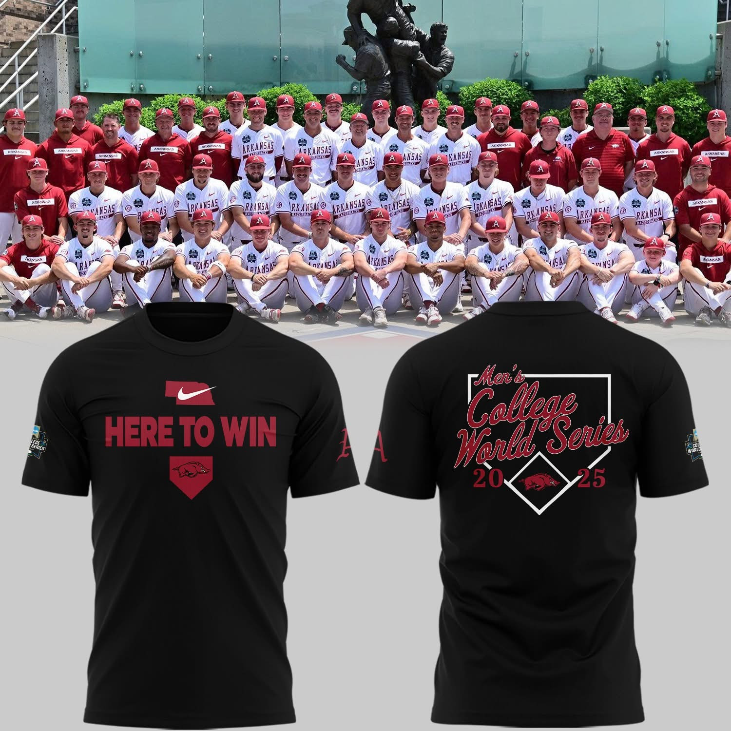 Arkansas Razorbacks Baseball Here To Win T-Shirt Men's College World Series 2025 Merch