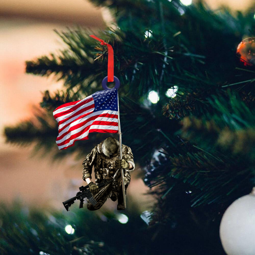 Army Holding American Flag Ornament Proud US Veteran Ornament Christmas Decoration