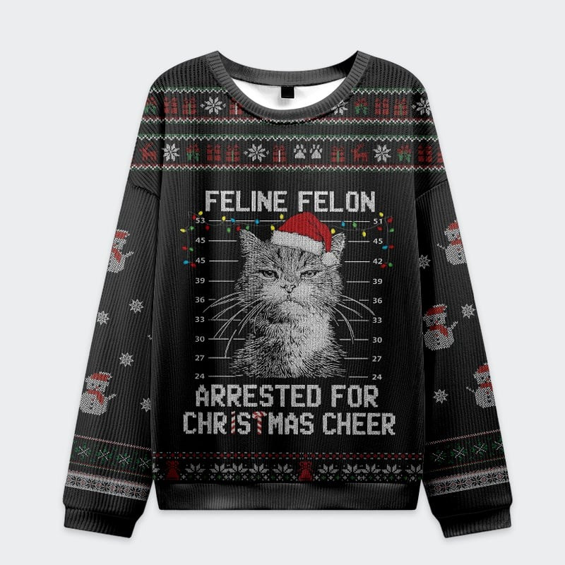 Arrested Cat Feline Felon Ugly Christmas Sweater Funny Xmas Apparel Gifts For Cat Lovers