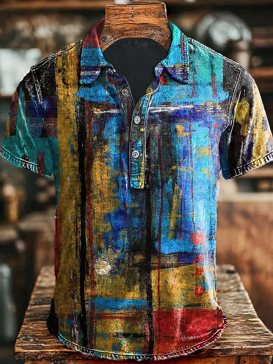 Art Abstract Irregular Color Block Print Casual Short Sleeve Polo Shirt Clothing Halloween Day For Him