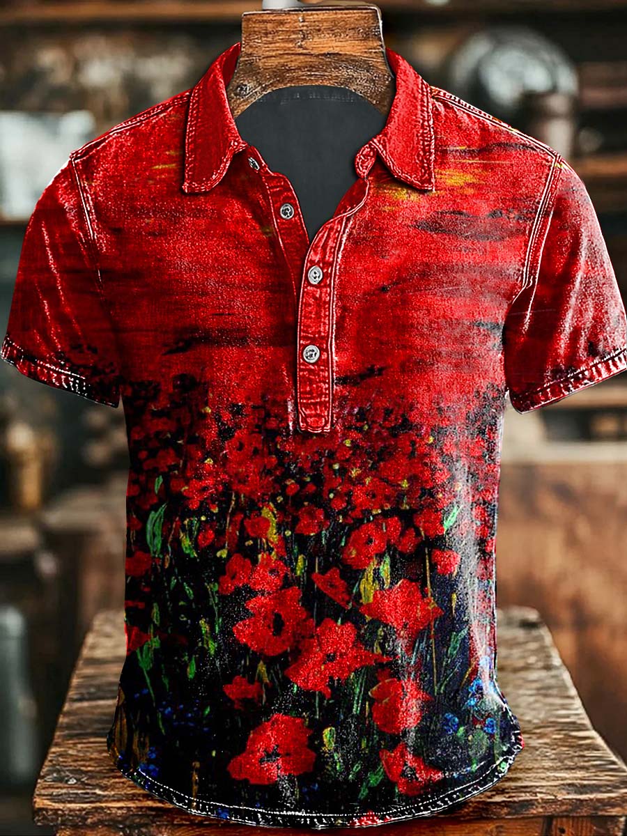 Art Oil Poppy Print Casual Polo Shirt Apparel Halloween Day For Brother