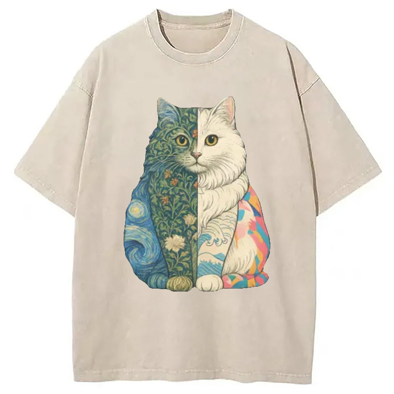 Art Print Art Cat Washed T-Shirt Soft Comfortable Daily T Shirt Gifts For Sister Art Print Art Cat Washed T-Shirt Soft Comfortable Daily T Shirt Gifts For Sister