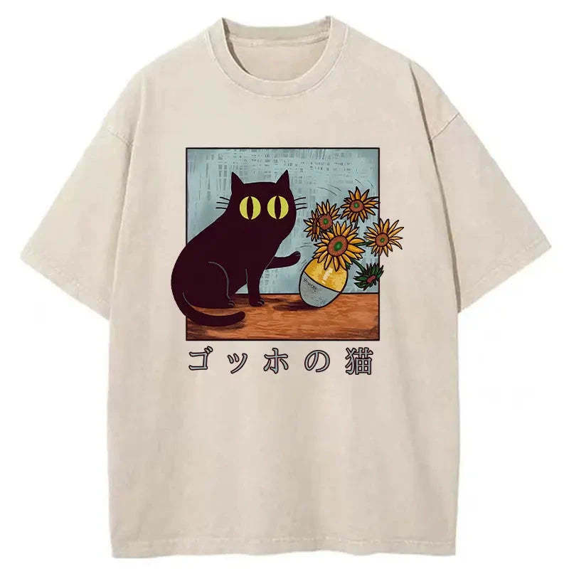 Art Print's Cat Washed T-Shirt Casual Vintage Everyday Look Gifts For Friends