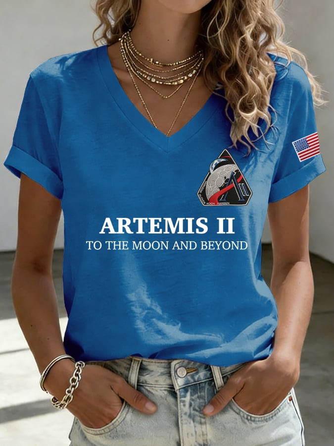 Artemis II 2026 V-Neck T-Shirt To The Moon And Beyond Merch Lunar Mission Gift