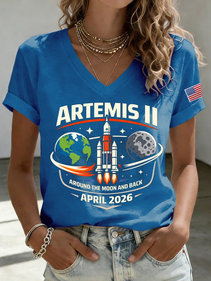 Artemis II Around The Moon And Back V-Neck Shirt NASA Moon Landing 2026 Shirt Best Gift Idea