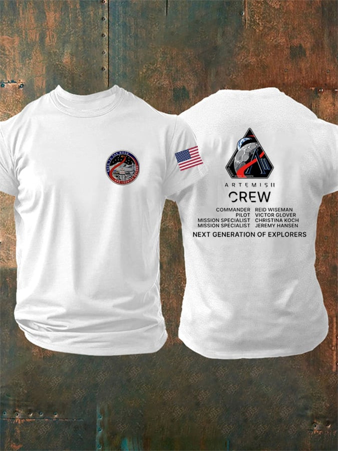 Artemis II Crew T-Shirt NASA 2026 Moon Mission With US Flag Apparel Space Exploration Gift